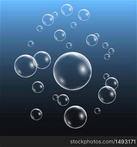 Realistic water bubbles, set of design elements isolated on blue background. Vector illustration
