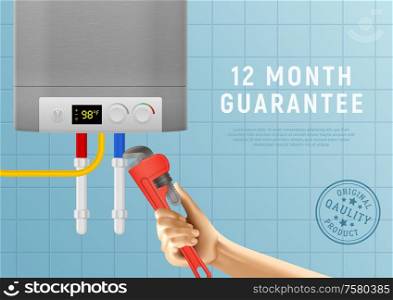 Realistic water heater boiler domestic plumbing advertising poster with human hand hot water tank and text vector illustration