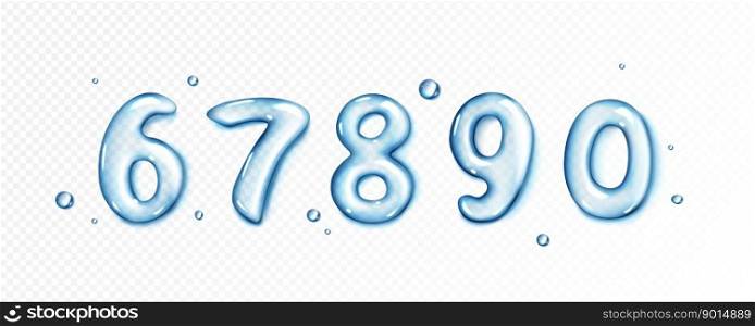 Realistic water number type in vector on transparent background. Isolated drop font with oil texture, splash and fluid effect. Jelly wet typography set. Glossy collection with aqua text.. Realistic water number type. Isolated drop font