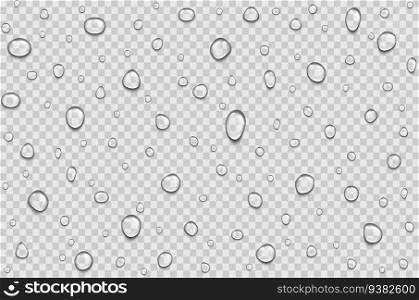 Realistic water rain drops vector.  lean transparent drops on a transparent background - stock vector.