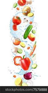 Realistic water splash composition of falling vegetables with slices and pure water drops on blank background vector illustration