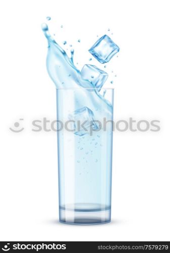 Realistic water splash composition with isolated image of glass filled with water ice cubes with shadow vector illustration