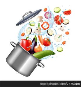 Realistic water splash pot composition with blank background and image of cooker with vegetables and drops vector illustration
