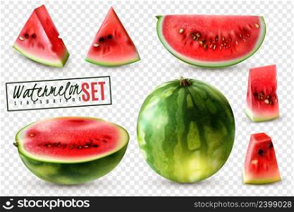 Realistic watermelon set with whole half quarter slices and bite size pieces transparent background isolated vector illustration . Watermelon Realistic Transparent Set