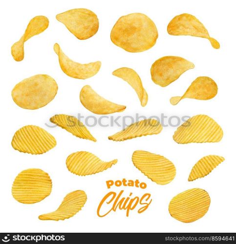 Realistic wavy and ripple isolated flying potato chips. Set of 3d vector crispy crunchy chips snack pieces. Isolated junk food. Delicious fast food crisp meal objects on white. Realistic wavy and ripple flying potato chips