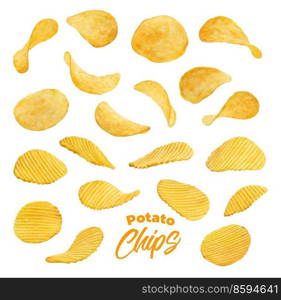 Realistic wavy and ripple isolated flying potato chips. Set of 3d vector crispy crunchy chips snack pieces. Isolated junk food. Delicious fast food crisp meal objects on white. Realistic wavy and ripple flying potato chips