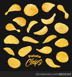 Realistic wavy and ripple potato chips, isolated vector for snacks package. Flying and falling crispy or ribbed baked potato chips splash, crunchy crisps appetizer advertising and food package design. Realistic wavy and ripple potato chips splash