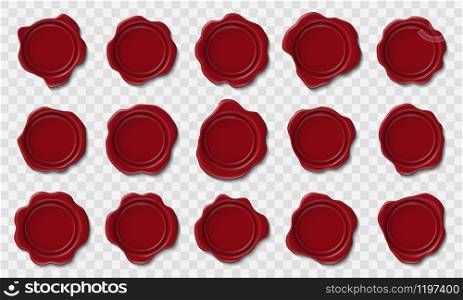 Realistic wax stamps. Envelope red wax seal, postmark cachet and retro security postage certificate vector isolated 3d post office icons set. Realistic wax stamps. Envelope red wax seal, postmark cachet and retro security postage certificate vector isolated icons set