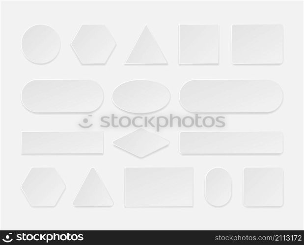 Realistic web button. 3D white square rectangular round flat web forms and tags with shadows, paper and plastic blank interface element. Vector empty frame set realistic label paper. Realistic web button. 3D white square rectangular round flat web forms and tags with shadows, paper and plastic blank interface element. Vector empty frame set