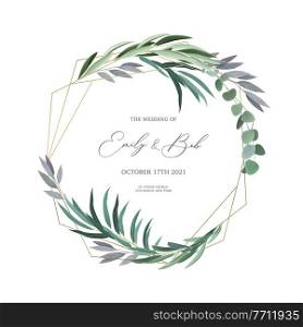 Realistic wedding invitation design frame with eucalyptus leaves and text field vector illustration. Realistic Wreath Frame