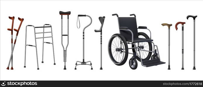 Realistic wheelchairs and canes. 3D medical supplies for musculoskeletal injury patients. Isolated walking sticks set. Rehabilitation staffs and crutches. Vector props for old or handicapped persons. Realistic wheelchairs and canes. 3D medical supplies for musculoskeletal injury patients. Walking sticks set. Rehabilitation staffs and crutches. Vector props for handicapped persons