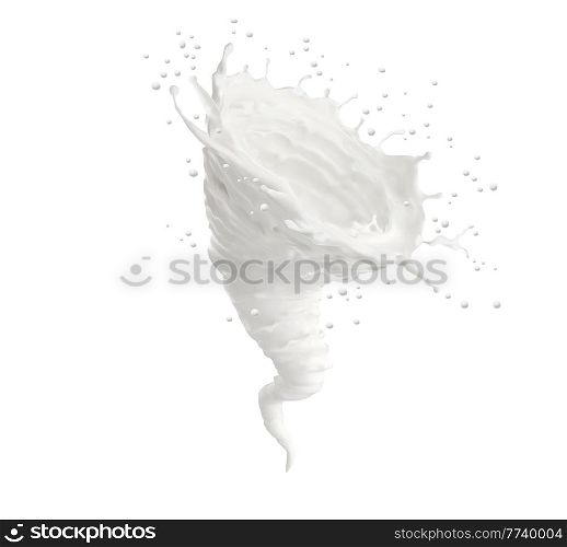 Realistic whirlwind, tornado, twister milk splash. White paint, sour cream or yogurt natural dairy product foam 3d vector whirlwind or twister spiral swirl or funnel with flying spatters and drops. Realistic whirlwind, tornado, twister milk splash