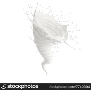 Realistic whirlwind, tornado, twister milk splash. White paint, sour cream or yogurt natural dairy product foam 3d vector whirlwind or twister spiral swirl or funnel with flying spatters and drops. Realistic whirlwind, tornado, twister milk splash