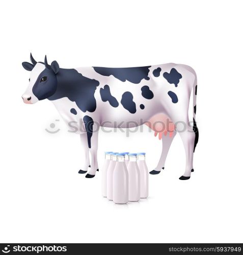 Realistic white and black spotted cow with milk bottles set vector illustration. Cow And Milk Bottles