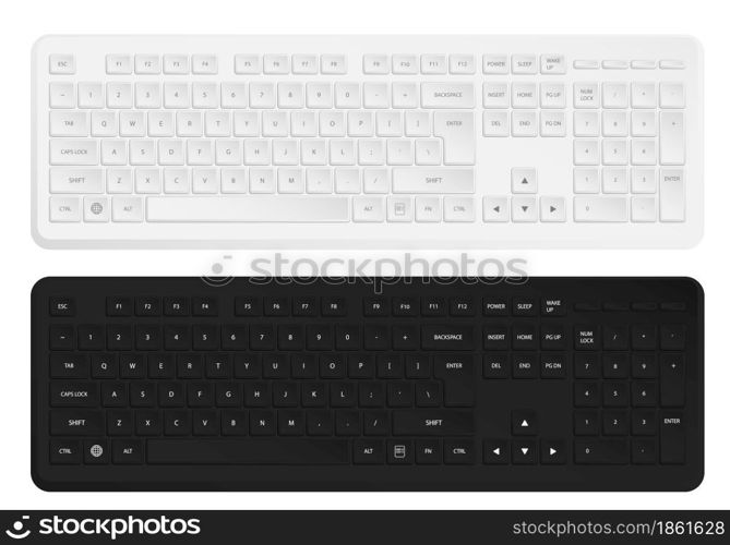 Realistic white and black wireless personal computer keyboard. English letters and symbols on keyboard buttons. Isolated vector on white background