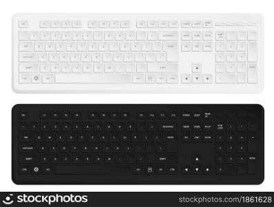 Realistic white and black wireless personal computer keyboard. English letters and symbols on keyboard buttons. Isolated vector on white background