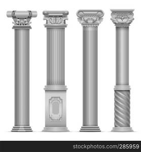 Realistic white antique roman column vector set. Building stone columns. Antique building architecture column illustration. Realistic white antique roman column vector set. Building stone columns