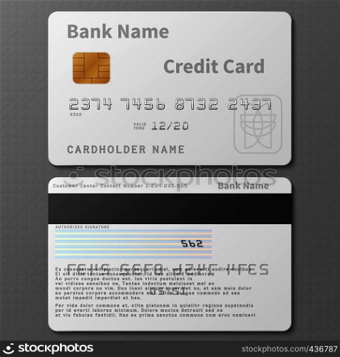 Realistic white bank credit card with chip vector template isolated. Bank card with chip, credit plastic banking card illustration. Realistic white bank credit card with chip vector template isolated