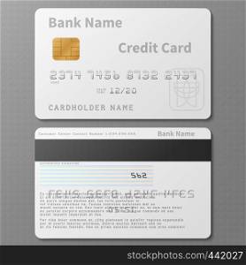 Realistic white bank credit card with chip vector template isolated. Bank card with chip, credit plastic banking card illustration. Realistic white bank credit card with chip vector template isolated
