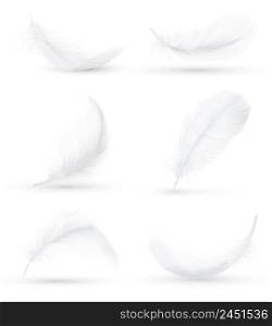 Realistic white bird feathers images set in 6 various positions and angles with shadow isolated vector illustration . White Feathers Realistic Set