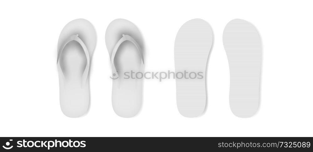 Realistic White Blank Empty Flip Flop Set Closeup Isolated on White Background.