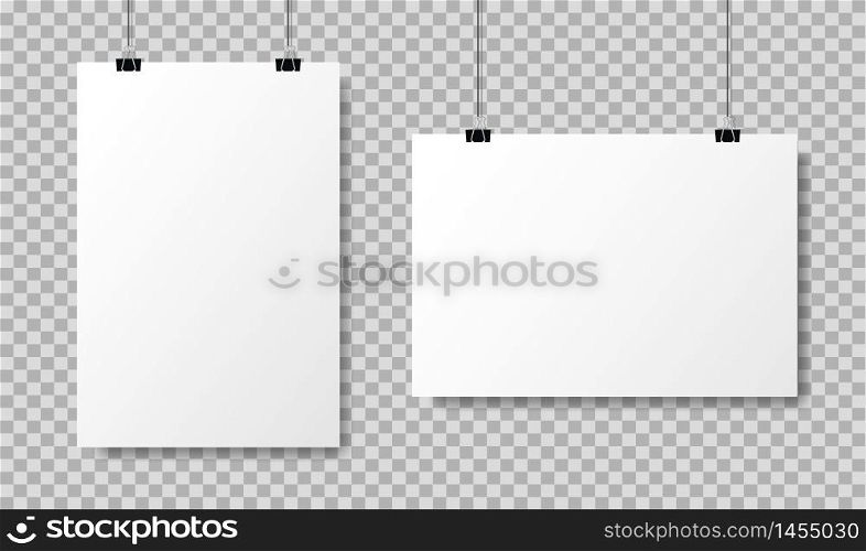 Realistic white blank paper format A4 in mockup style.Empty blank paper sheets hanging on binder clips. Poster hanging on a rope with clips on transparent background. vector illustration. Realistic white blank paper format A4 in mockup style.Empty blank paper sheets hanging on binder clips. Poster hanging on a rope with clips on transparent background. vector