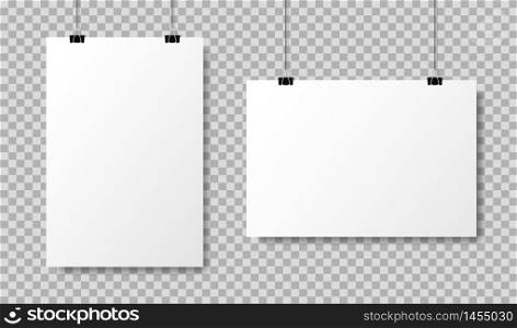 Realistic white blank paper format A4 in mockup style.Empty blank paper sheets hanging on binder clips. Poster hanging on a rope with clips on transparent background. vector illustration. Realistic white blank paper format A4 in mockup style.Empty blank paper sheets hanging on binder clips. Poster hanging on a rope with clips on transparent background. vector