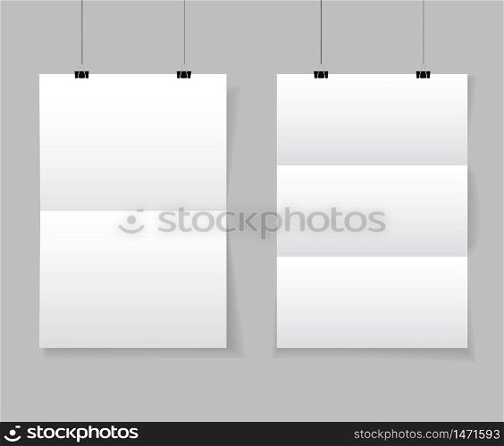 Realistic white blank paper format A4 in mockup style. Empty blank paper sheets hanging on binder clips. Poster hanging on a rope with clips on transparent background. vector illustration. Realistic white blank paper format A4 in mockup style.Empty blank paper sheets hanging on binder clips. Poster hanging on a rope with clips on transparent background. vector