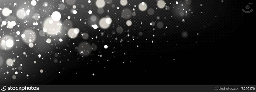 Realistic white bokeh light effect isolated on transparent background. Vector illustration of silver sparkles glowing on dark backdrop. Magic snow dust overlay for festive design, abstract texture. Realistic white bokeh light effect