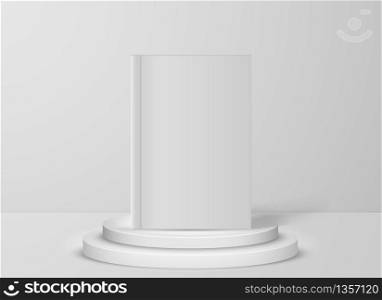Realistic White Book Mock Up Template White round winner podium or stage. Blank Cover Of Magazine. Vector Illustration.