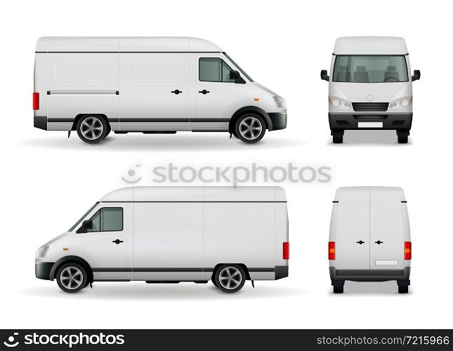 Realistic white cargo van with empty surface advertising mockup side view, front and rear vector illustration. Realistic Cargo Van Advertising Mockup