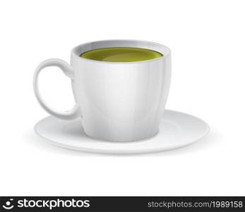 Realistic white ceramic cup with matcha. Green tea. Natural healthy Asian drink. Japanese hot beverage. Side view of porcelain mug with saucer. Tableware isolated template. Vector cafe menu mockup. Realistic white ceramic cup with matcha. Green tea. Natural healthy drink. Japanese beverage. Side view of porcelain mug with saucer. Tableware isolated template. Vector cafe menu mockup