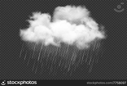 Realistic white cloud with rain drops, rainstorm, raincloud, rainfall or cyclone weather vector. 3d rain cloud or cumulus isolated on transparent background, cloudy and rainy sky with downpour. Realistic white cloud with rain drops, rainstorm