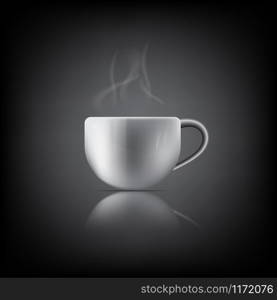 Realistic White Coffee Cup with Steam on black Background, Vector, Illustration