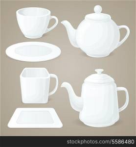 Realistic white crockery set of tea pot and coffee cup isolated vector illustration
