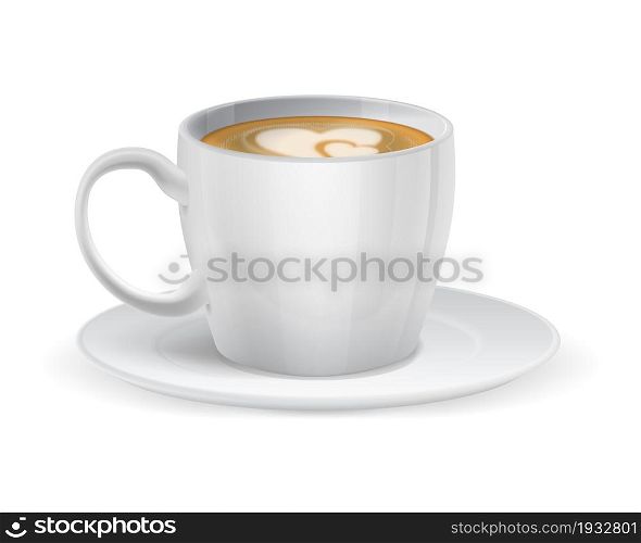 Realistic white cup. Coffee with milk morning drink isolated on white background. Mug with plate side view. Tasty hot cappuccino or latte, porcelain tableware with morning beverage, vector 3d object. Realistic white cup. Coffee with milk morning drink isolated on white background. Mug with plate side view. Tasty hot cappuccino or latte, porcelain tableware vector 3d object