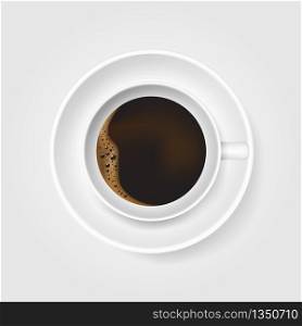Realistic white cup of coffee with foam and bubble on white background. Top view coffee cup.