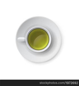 Realistic white cup with matcha drink and saucer. Top view of porcelain full mug template. Green tea latte. Foamy hot beverage. Cafe bar menu single element. Vector isolated ceramic tableware mockup. Realistic white cup with matcha drink and saucer. Top view of porcelain full mug template. Green tea latte. Foamy hot beverage. Cafe bar menu element. Vector ceramic tableware mockup