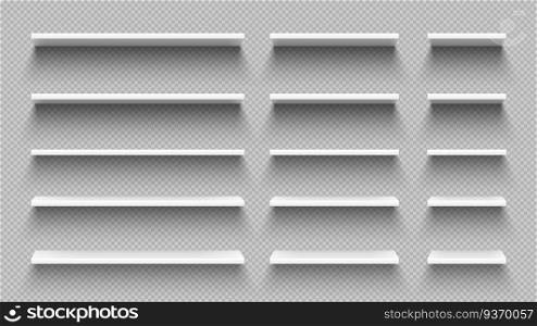 Realistic white empty shelves with shadow isolated on transparent wall background. Modern horizontal hardwood 3d furniture set for retail shop store, home or office vector illustration. Realistic white empty shelves with shadow isolated on transparent wall background. Modern 3d furniture