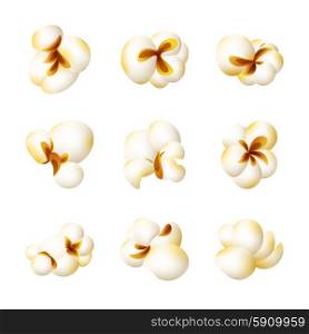 Realistic white fluffy popcorn 3d icons set isolated vector illustration. Realistic Popcorn Set