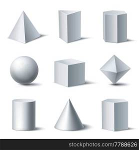 Realistic white geometric shapes set with nine isolated solid body objects on clear background with shadows vector illustration. 3D Shapes White Set