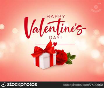 Realistic white gift box with red bow ribbon and red rose on pink bokeh background. Design element for Happy Valentines Day. Vector illustration EPS10. Realistic white gift box with red bow ribbon and red rose on pink bokeh background. Design element for Happy Valentines Day. Vector illustration