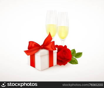 Realistic white gift box with red bow ribbon, two glasses of ch&agne and red rose isolated on white background. Design element for Happy Valentines Day greetings. Vector illustration EPS10. Realistic white gift box with red bow ribbon, two glasses of ch&agne and red rose isolated on white background. Design element for Happy Valentines Day greetings. Vector illustration