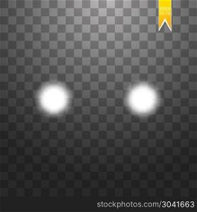 Realistic white glow of round beams of car headlights, isolated against a background of transparent gloom. Vector bright train lights for your design. Easy light flash. Realistic white glow of round beams of car headlights, isolated against a background of transparent gloom. Vector bright train lights for your design. Easy light flash .Vector illustration.