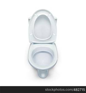 Realistic White Home Ceramic Toilet Bowl Vector. Clean Ceramic Lavatory With Opened Cover. Domestic Equipment And Interior For Restroom, Washroom Or Bathroom. Top View Image 3d Illustration. Realistic White Home Ceramic Toilet Bowl Vector