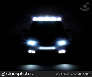 Realistic white lights in front and on roof of car, silhouettes of urban buildings vector illustration. Realistic Car Lights Illustration