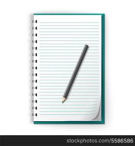 Realistic white lined notepad and pencil sheet isolated on white background vector illustration.