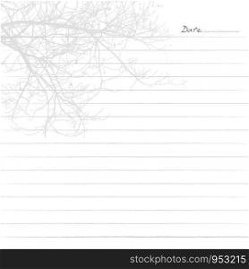 Realistic white lined sheet of notepad (notebook paper) with thin tree pattern background. Vector illustration.