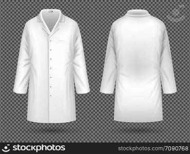 Realistic white medical lab coat, hospital professional suit vector template isolated. Illustration of uniform for doctor hospital and medical staff. Realistic white medical lab coat, hospital professional suit vector template isolated