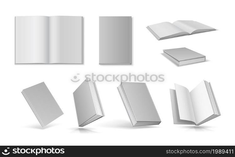 Realistic white open and closed books with empty cover mockup. 3d notebook with hardcover top view template. Floating blank book vector set. Diary, handbook or journal objects collection. Realistic white open and closed books with empty cover mockup. 3d notebook with hardcover top view template. Floating blank book vector set